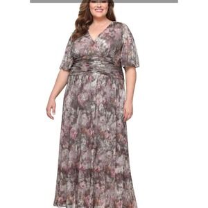 SLNY Womens 22W Metallic Floral Ruched V-Neck Maxi Gown Mauve Gold 947797